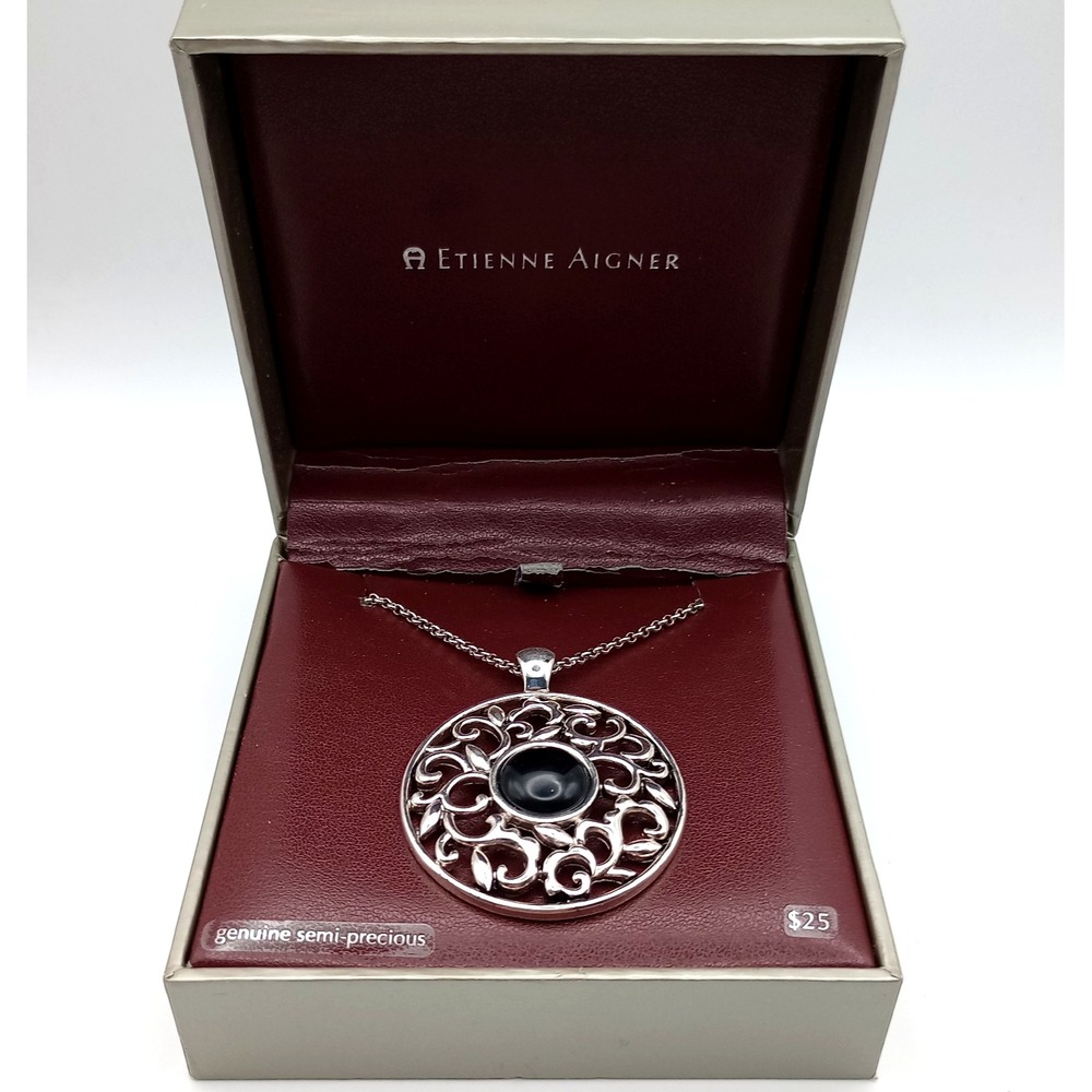 Etienne Aigner Silver-Tone Filigree Round Semi-Precious Pendant Necklace w/ Box‎